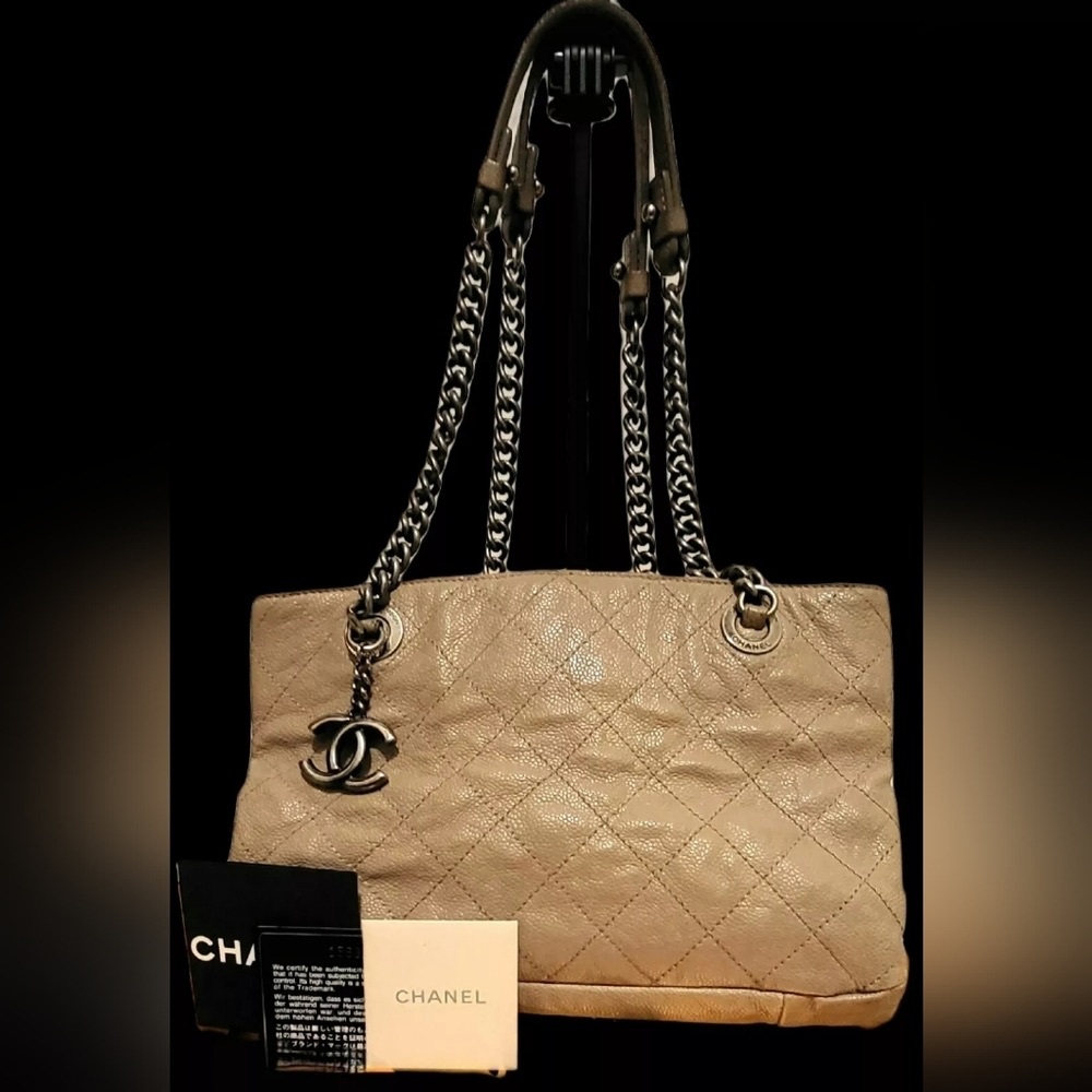 CHANEL Beige Quilted Caviar Leather Accordion North/South Tote Bag